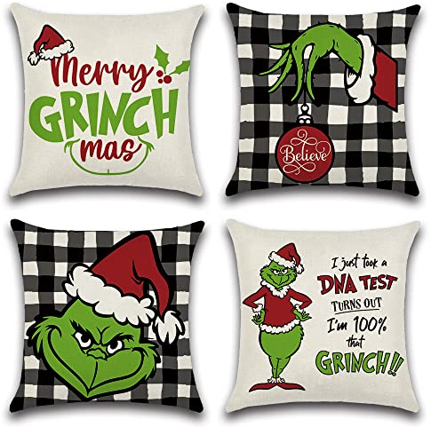 Ohok 4er Set Dekorativ Kissenbezug, Polyester Leinen Zierkissenbezüge Weihnachten Kissenbezüge Dekor Kissenhülle Set für Schlafzimmer Wohnzimmer Sofa Couch Auto (40x40 cm, Schwarz Plaid Grich)