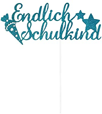Oblique Unique® Endlich Schulkind Torten Topper Glitzernd für Schuleinführung Einschulung Schulanfang von Jungs und Mädchen Topper Kuchendeckel (Türkis)