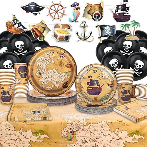Anniversaire Pirate Décoration Halloween Kit Assiette Carton Gobelet Nappe Serviette en Papier Ballon Squelette Noir Guirlande Anniversaire Vaisselle Coffre Pirate Accessoire Deco Carnaval Garçon