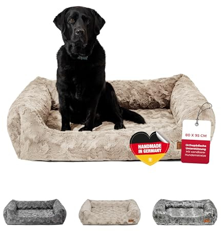 HS-Hundebett® Kuschelbett Deluxe Exklusiv L (80x95 cm) – Orthopädisches Hundebett mit Memory Foam & Anti-Rutsch – Waschbar – Sand – Made in DE