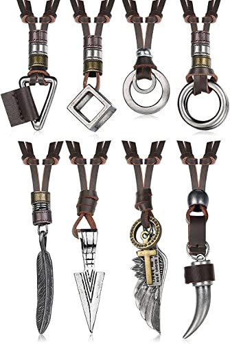 Diamday 8 Stück Leder Halskette für Männer Frauen Vintage Anhänger Leder Cord Halsketten Schwarze braune Feder Pfeilspitze Wolfszahn Flügel Doppelring Pullover Kette Statement Herren Halskette