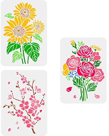 FINGERINSPIRE 3 Stück Sonnenblumen Malschablone 21x29.7cm Wiederverwendbare Rosen Schablone Kirschblüten Schablone Für Dekoration Frühling Sommer Natur Blumen Schablone Für Wandmöbel Malerei