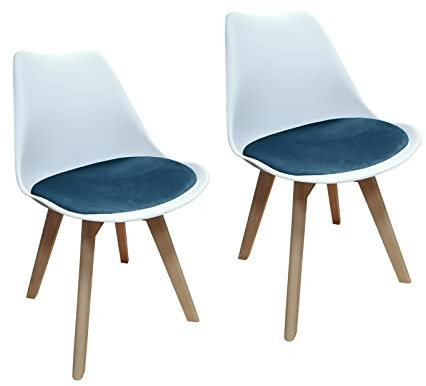 HTI living 2er Set Design-Stühle mit Sitzpolster Esszimmerstühle im skandinavischen Stil Esszimmerstuhl Kunststoffschale Samtbezug Holzfüße Weiß, Blau