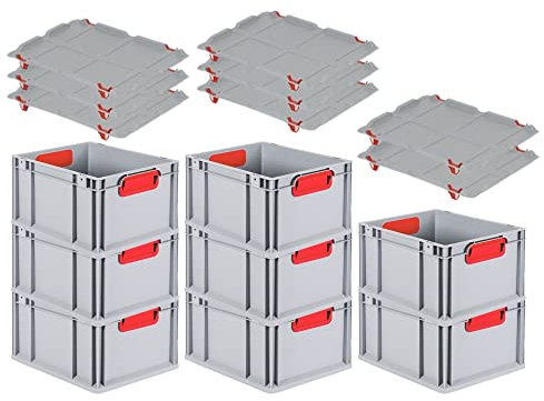 PROREGAL SuperSparSet 8x Eurobox NextGen Color mit Auflagedeckel & Schiebeschnappverschlüsse, HxBxT 22x30x40cm, 20L, Griffe rot geschlossen, Glatter Boden, Eurobehälter Transportbox Transportbehälter
