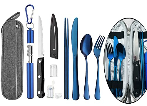 Tragbares Reisebesteck mit Etui, Reise- und Camping-Besteck-Set, Essstäbchen und Strohhalm, Edelstahl, Reiseutensilien-Set (blau)