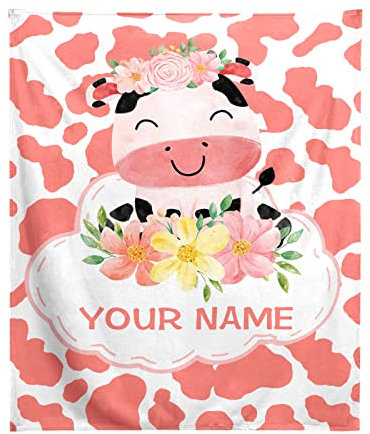 Personalisierte Kuh Decke mit Name benutzerdefinierte Kuh Decke weich warm gemütlich Flanell Kuh Druck Bettwäsche werfen Decken für Sofa Mädchen Jungen Erwachsenen Geburtstag neugeborenen Geschenke