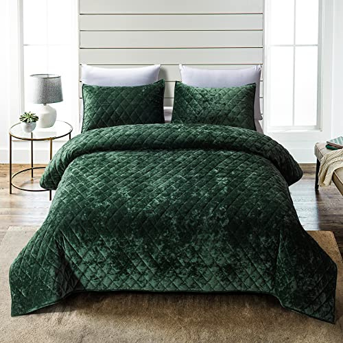 Fredsure Bettwäsche-Set aus Samt, 3-teilig, schwarz-grünes Queen-Size-Bett, abgenutztes Samt-Gesicht und gebürstete Mikrofaser-Rückseite mit Diamantsteppung