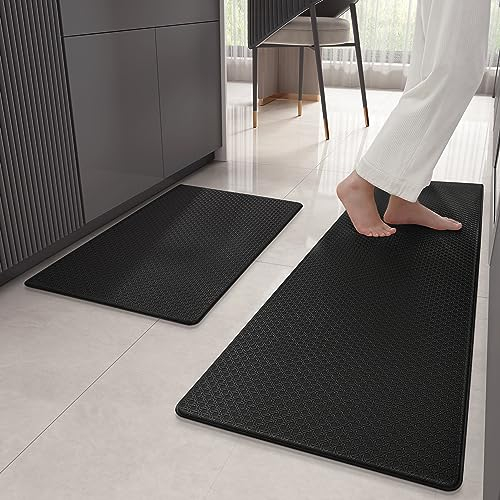 Color G 2 Stück Küchenteppich Waschbar rutschfest, Teppich Läufer, Satz PVC Küchenläufer, Teppich Küche Wasserdicht und Ölbeständig, Küchenmatte Schwer Für Küchen, Flur (Schwarz, 43x75cm+43x150cm)