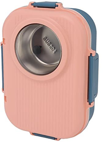 Aramox Lunchbox, 1100 Ml, Doppellagig, 3-Gitter-Design, 304 Edelstahl, Box mit Essstäbchen, Löffel, Suppenschüssel, Portionskontrolle, Lebensmittelbehälterfach, (Rosa)