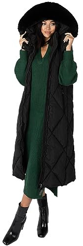 Lovedrobe Women's Long Gilet Ladies Winter Jacket Faux Fur Hooded Quilted Body Warmer Padded Sleeveless Coat Outerwear Noir 48