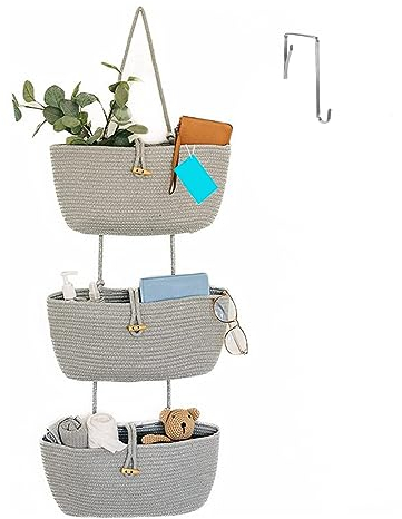 Tür Wand Organizer, 3 Stufiger Hängeorganizer, Hängekorb aus Baumwollseil Gewebt, 3 Fächer Wand Hängen Tasche Aufbewahrungstasche für Schlafzimmer Wohnzimmer Kinderzimmer Bad (Hellgrau)