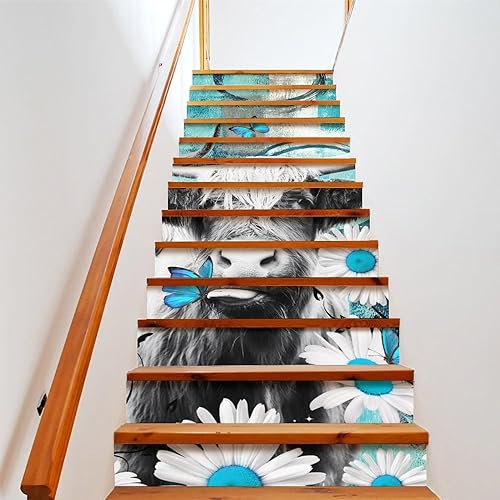 COALHO Abstrakte Moderne Kunst Selbstklebend Wasserdicht Treppenerhöhung Treppe Türkis Grau Aquarell Graffiti Geometrische Gänseblümchen Yak Schmetterlinge für Innen- und Außentreppe 100 cm x 18 cm x