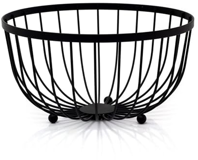 Carousel Home Black Metal Large Wire Fruit Bowl | Round Fruit Bowl Wire Fruit Basket | Fruit Vegetable Kitchen Storage Basket