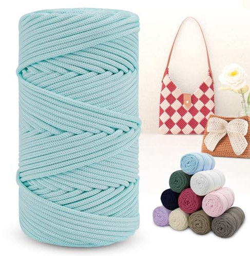 LEREATI Polyester Garn 150m Makramee Garn 4mm Geflochten Polyester-Seil Farbig Häkelgarn, Polyester Macrame Cord 4mm für Häkeltasche Umhängetasche Handtasche Geschenk Strickwaren (Hellblau)