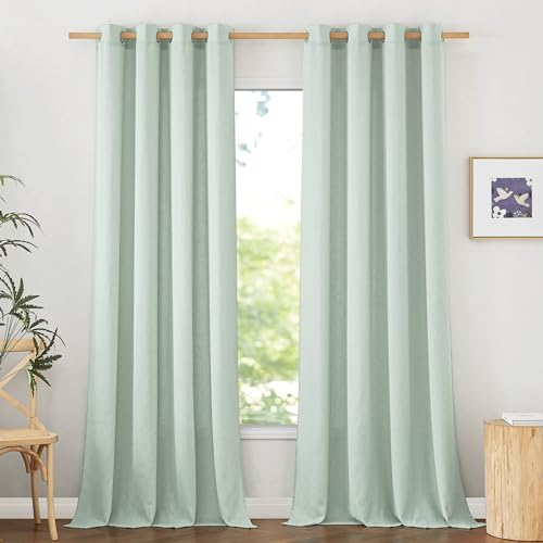 PONY DANCE Wohnzimmer Gardinen Modern Leinenvorhang 2er Set H 245 x B 140 cm Salbeigrüne Gardinen Leinenoptik Halbtransparente Vorhänge mit Ösen Linen Curtains for Living Room