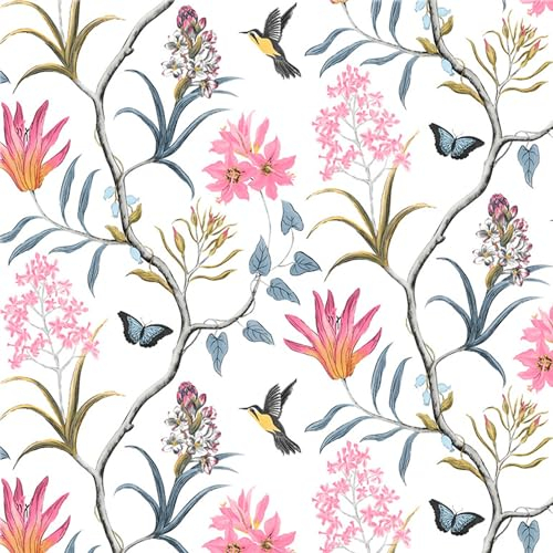 Selbstklebende Tapete Rosa Blumen Vögel,44.5 x 400cm Tapete Blau Gelb Blätter Klebetapete Vogel Tapete Schmetterlinge Pflanzen Tapete Möbelfolie Selbstklebend für Badezimmer Wohnzimmer Schlafzimmer