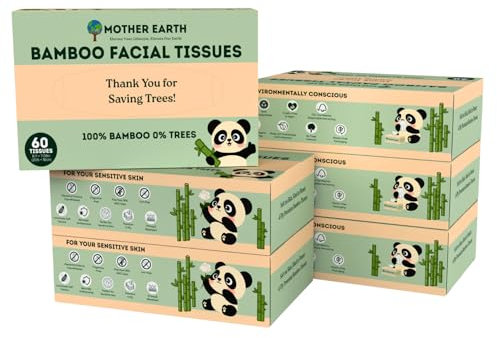 MOTHER EARTH Carta velina facciale in bambù, a 4 strati, senza lanugine, ipoallergenica, sicura per i settici, inodore, 60 fogli per scatola, confezione da 6, totale 360 fazzoletti