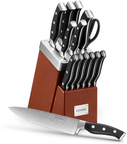 Messerblock mit Messer, FOHERE Selbstschärfender Messerblock, 14-teilige, Edelstahl Messerset mit Block, Profi Küchenmesser Set mit Ergonomischem Griff, Rotbraun