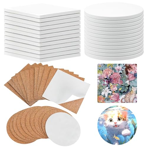 LYCN 24 Pcs Ceramic Tiles for Crafts Coasters, Blank Unglazed White Ceramic Coasters Self-Adhesive Cork Backing Coasters with 24 Cork Backing Pads for Inks Art Painting DIY,10cm/4inch (Square+Round)