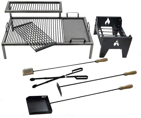 Generic Griglia argentina di lusso con moduli in ferro rimovibili - Griglia argentina in ferro - BBQ Parrilla Asado + braciere + strumenti per il fuoco (90 x 60 cm)