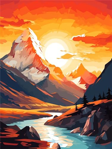 Pintar con Numeros para Adultos, Montaña Kit de Pintura al óleo de Lienzo DIY para con Pinceles, Atardecer Cuadros para Pintar por Numeros para Niños, Manualidades Adultos Decoracion Hogar 40x50cm