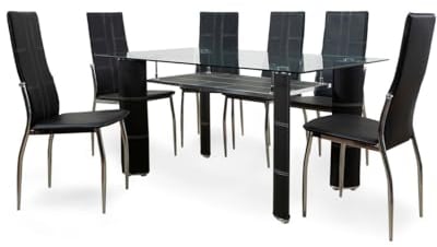 S & S Saldos y Stocks Mesa de Cristal Templado + 6 Sillas en Polipiel/Metal Negro 150x90 cm