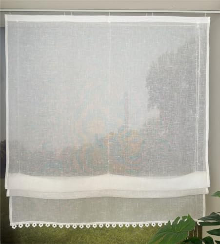 Vordesack Leinenoptik Raffrollo mit Blumen-Kante Unifarbige Raffgardine mit Klettband Wohnzimmer halbtransparent Gardinenschal Küche Weiß 1 Stück HxB 140x90cm