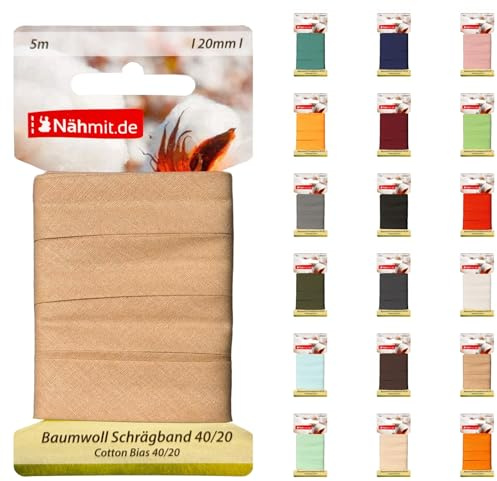 Nähmit 5m Karte Baumwoll Schrägband, 100% Baumwolle 20mm Breit - 40/20 vorgebügeltes Schrägband (A04-Beige, 5m Karte)