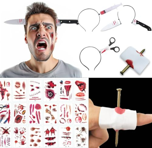 ZELAITE Set di 30 forbici sanguinanti, ascia, coltello in testa, per Halloween, zombie scars, tatuaggio, accessorio da zombie, costume da orrore (C)