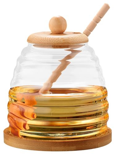 Dzmuero Tarro para Miel, Dispensador de Miel, Cuchara Miel, Tarro de Miel de Madera con Tapa, Recipiente de Cristal Sellado, Tarro de Boca Ancha para Guardar