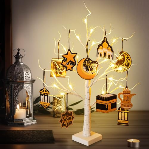 Mubarak Arbre de Ramadan avec 24 lumières LED, alimentation USB/piles, décoration pour maison, mariage, cheminée