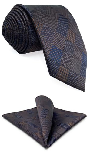 S&W SHLAX&WING Set de Corbata y Pañuelo de Bolsillo Marrón Azul Cuadros para Hombre 147cm
