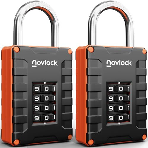 Zahlenschloss 4-stellig – Vorhängeschloss mit Zahlencode für Spinde, Schränke, Werkzeugkisten, Tore, Zäune & Schuppen – Spindschloss 2er-Pack, Schwarz/Orange