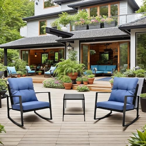 Fonkoir 3-teiliges Terrassen-Bistro-Sets, Outdoor-Möbel, 3-teiliges Gesprächs-Bistro-Set, Schaukelstühle und Tisch, blaues Kissen für Hof, Garten, Pool