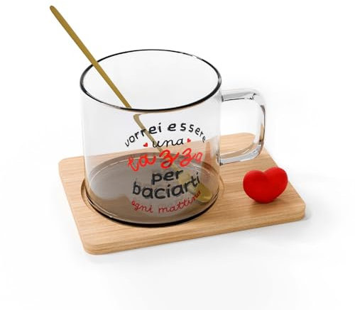 ICE TOYS Set Regalo Tazza in Vetro con Messaggio d'Amore, Cucchiaino Dorato, Base in Legno, Decorazione Cuore Perfetto per San Valentino e Regala a Chi Che Ami (Tazza)