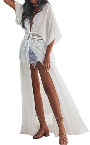 Women Beach Cover Up Shirt Long Sleeve Summer Bikini Coverup Mesh Lace Cardigan Beachwear Sheer Chiffon Swimsuit See Through Blouse Kimono Maxi Dress for Loungewear Sundress Club (Cardigan)