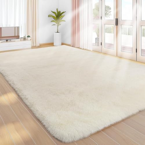 Treeboy Hochflor Teppich Creme Carpet Wohnzimmer 240x300 Waschbar Anti-Rutsch Extra Große Teppiche Schlafzimmer Flauschige Moderne Teppiche Matte Teppichen für Schlafzimmer Kinderzimmer