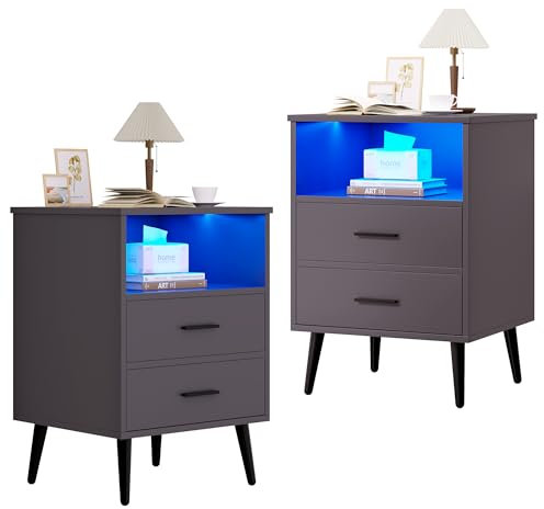 LVSOMT Nachttisch 2er Set mit Geheimfach und LED, Holz Nachttisch mit Drahtloses Ladefunktion, 3 Farben LED Licht, Metallgriffe und Füße, USB und USB-C, 3 Schubladen, Nachttische Schlafzimmer, Grau