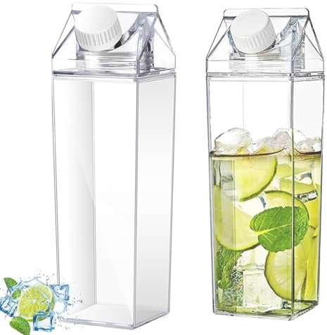 2 Piezas Botella de Agua Transparente, Botella de Agua Transparente de 1000 ml, Botella de Leche Cuadrada, Contenedor de Jugo Portátil Reutilizable, para Camping, Leche, zumo de Naranja