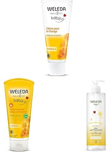 WELEDA Lot Soin Complet Bébé Calendula : Crème Change (75ml) + Crème Lavante Corps & Cheveux (200ml) + Eau Nettoyante (400ml) - Protection, Douceur & Nettoyage Quotidien Bio