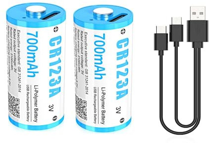 HITRENDS CR123A Rechargeable Batteries with USB-C Charging Port – 700mAh 3V Lithium Battery Pack, 1000-3000 Cycles, Leak-Proof & Eco-Friendly for Cameras, Flashlights, Smoke Detector (2)