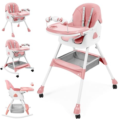 UBRAVOO Babyhochstuhl,6-in-1-Klappstuhl mit Fußstütze, abnehmbarem Doppeltablett & PU-Kissen, verstellbarer Höhe und Neigung sowie feststellbaren Rädern für Babys & Kleinkinder