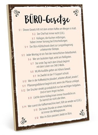 TypeStoff Holzschild mit Spruch - Büro-Gesetze - im Vintage-Look mit Zitat als Geschenk und Dekoration zum Thema Büro - HS-01559