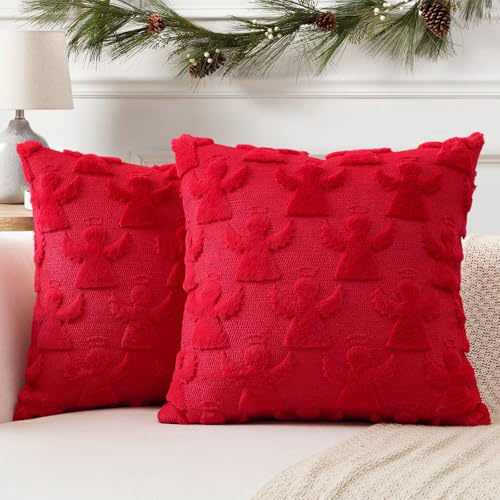 Artscope 2er Set Wolle Kissenbezüge Weicher Plüsch Kurzer Wollsamt Dekokissenbezuge Sofakissen Weihnachten Kissenhülle für Sofa Schlafzimmer Engel Rot, 40x40cm