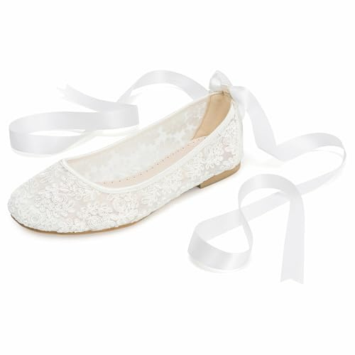 Bridaluxe 33119 Women’s Lace Flat Wedding Shoes Satin Ribbon Tie Bridal Flats Elegant Comfortable Bride Shoes