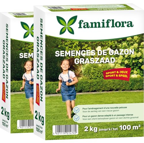 Famiflora Grassamen spielen und Sport 2 x 2kg (bis 200 m²) - Starker Rasen, der Spiel und Sport überlebt - Dichter Rasen verhindert Unkraut - Schnelle Keimung für sofortiges Ergebnis