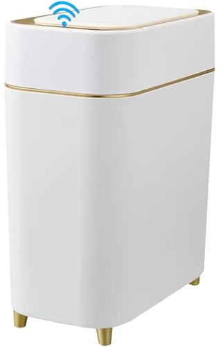 Yatmung Motion Sensor Trash Can Bathroom Automatic Lid - Sensor Garbage Can | Bathroom, Bedroom, Kitchen, Laundry room, Small Spaces - Compact Smart Trash Bin - White with Gold Edge, 1Pack