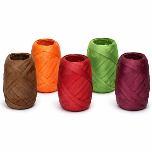 Papierband Raffiabast 5 Rollen Set je 20m - Geschenkband Raffia Papier Schnur Craft Verpackung - Bastband Papiergarn zum Binden Verzieren - Bänder für Geschenke Dekorationen - Saisonaler Mix