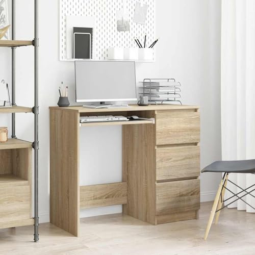 Homgoday Schreibtisch Sonoma-Eiche 90x45x76 cm Holzwerkstoff mit 3 Schubladen Bürotisch Computertisch für Jugendzimmer Kinderzimmer Ecktisch pflegeleicht 801376
