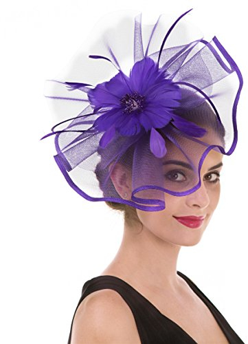 Fascinator Feather Mesh Net Veil Party Flower Derby Hat with Clip and Hairband for Women (A1-Large Mash Purple)